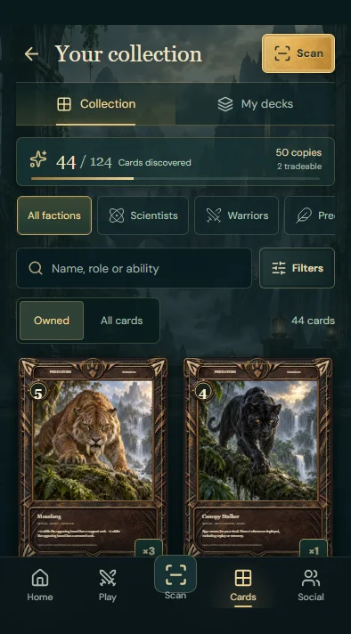 Scanside collection screen with illustrated cards and faction filters