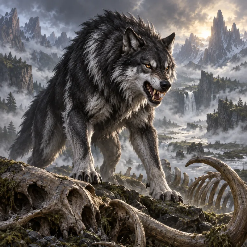Gravespine Alpha, a huge dark wolf on a mountain ridge