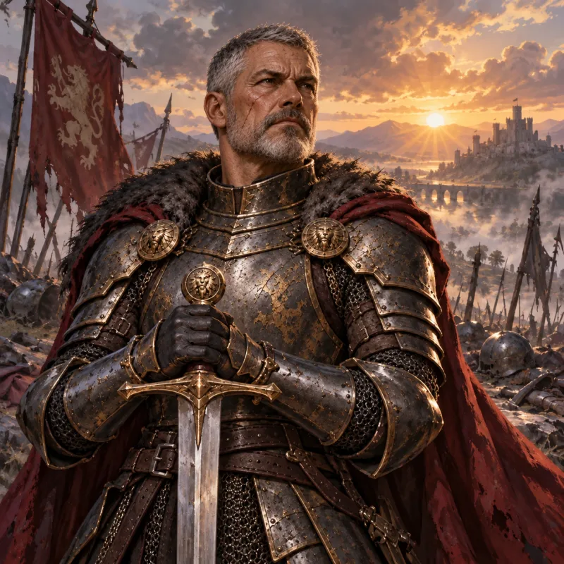 Old Campaign Marshal in engraved armor and a red cloak